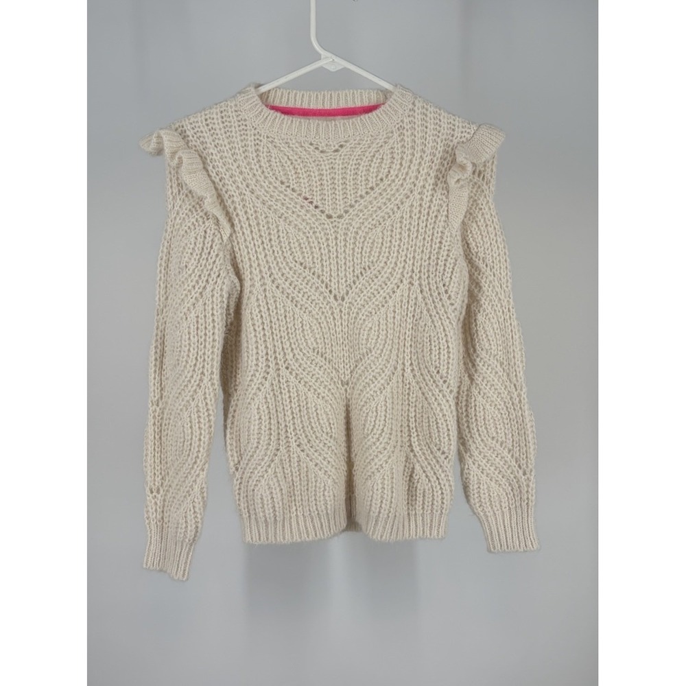 Boden Girls Sweater 8 9Y Cream Alpaca Blend Ruffle Shoulder Cable Knit Frill NWT